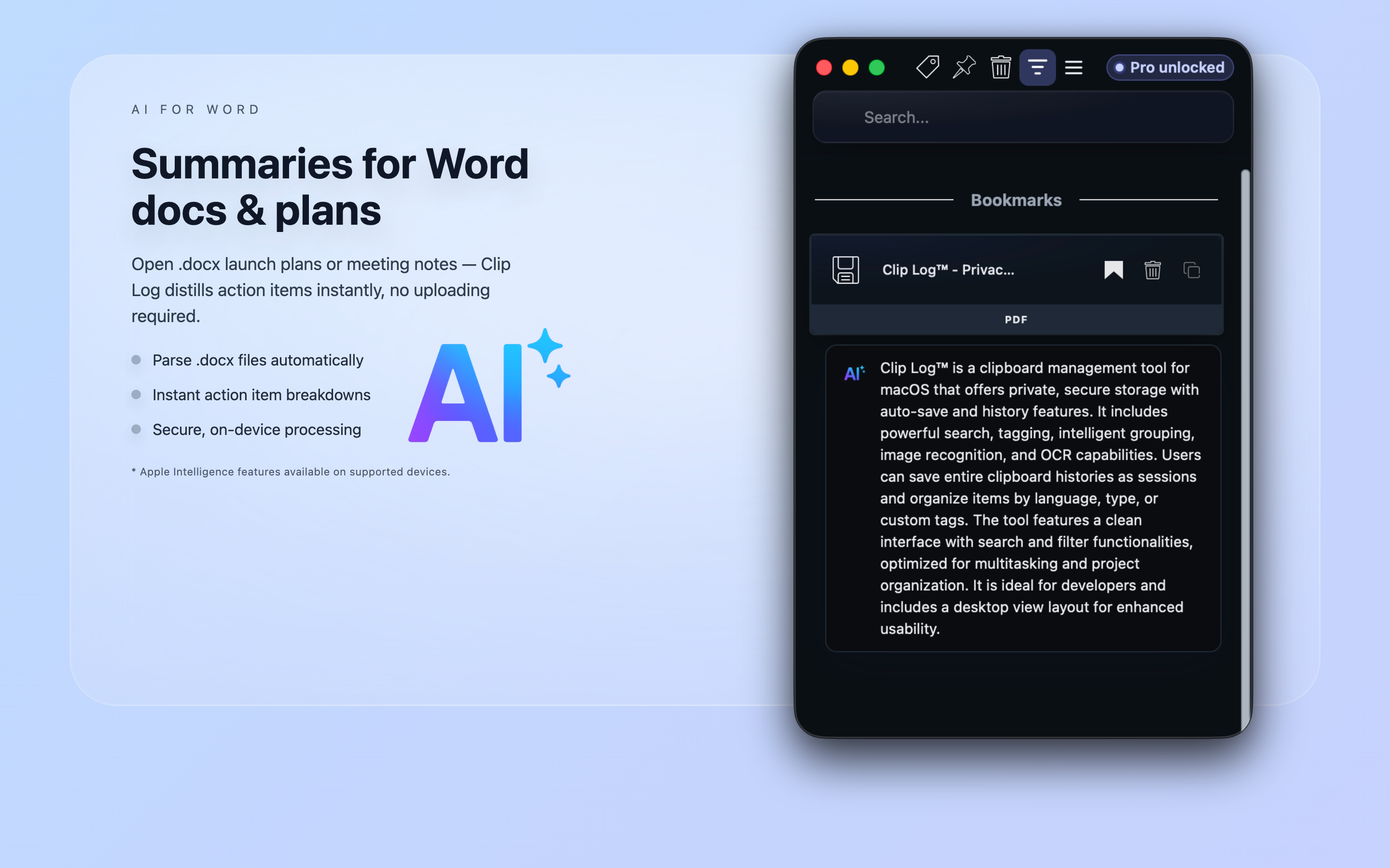 Clip Log™ AI summaries for clipboard content